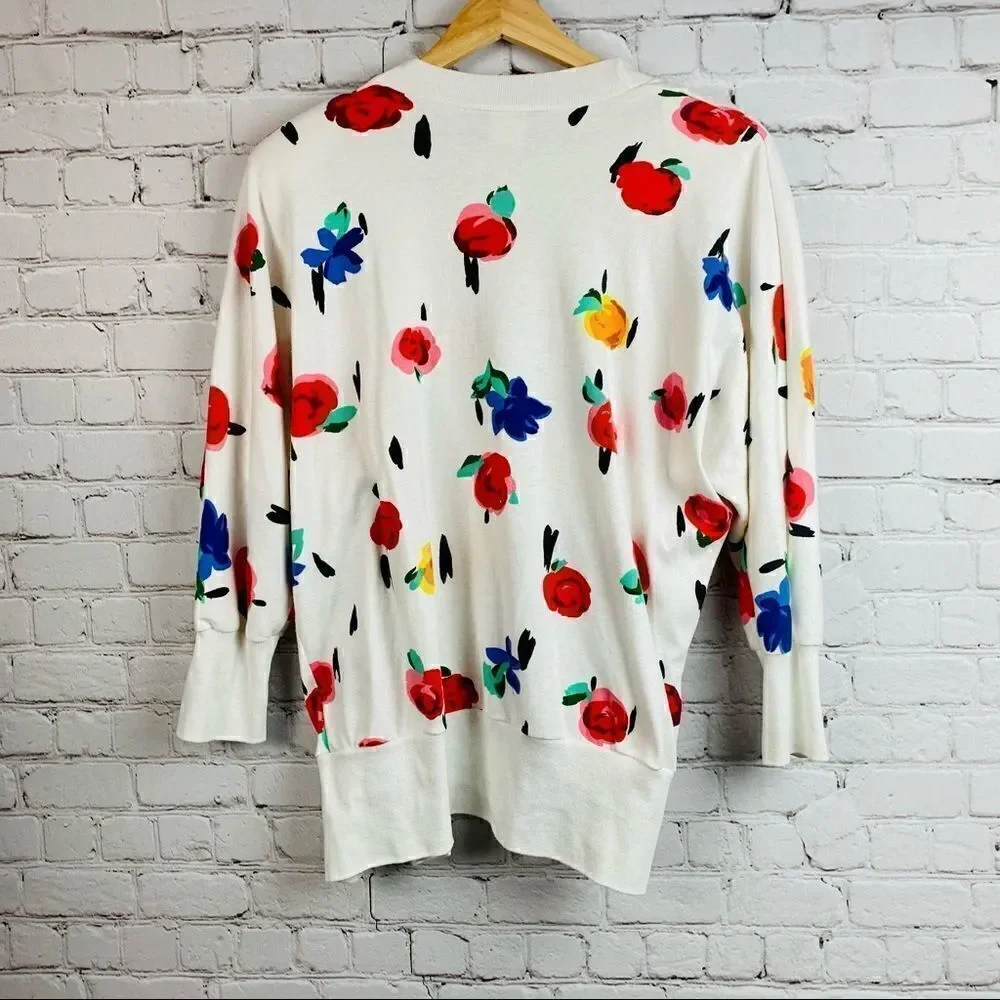 VTG 80s Peter Popovich Floral Print Varsity Cotton Blend Cardigan Sweater